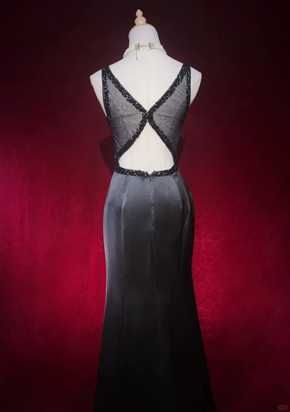 Vintage Prom Dresses Mermaid V Neck Black Satin With Beading Backless Long Formal Dress N2508