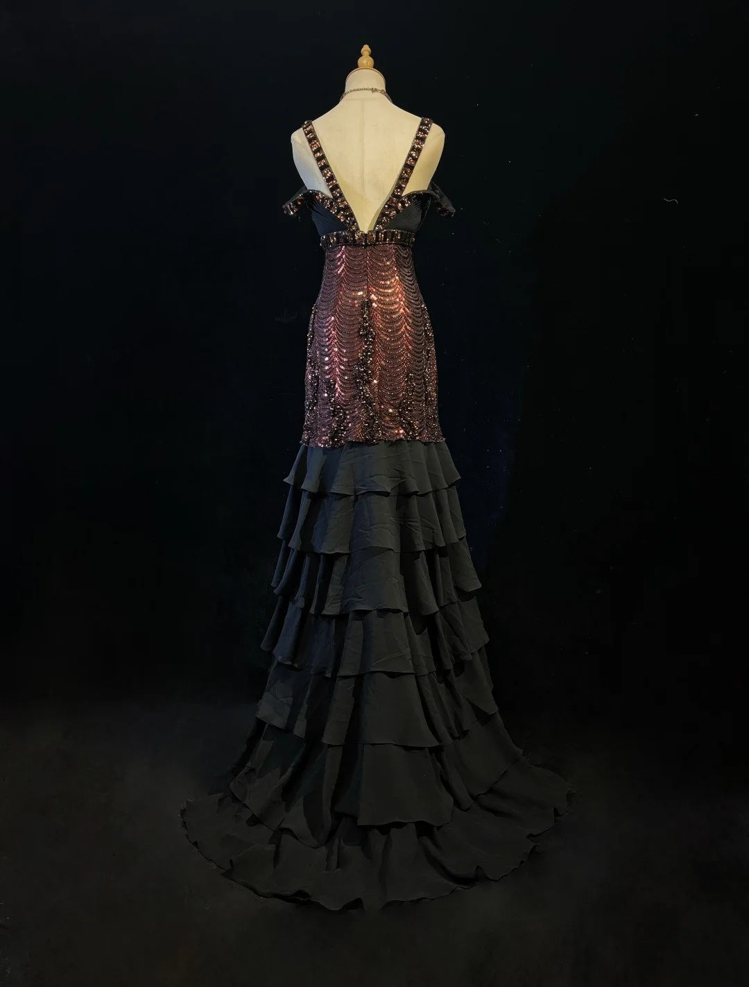 Robes de bal scintillantes sirène à fines bretelles en mousseline noire avec manches, tenues de soirée, longue robe de cérémonie RB3259