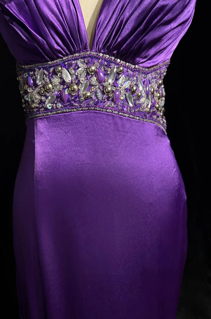 Vintage Meerjungfrau-Abschlussballkleid Spaghettiträger 80er Satin mit Perlen Stickerei rückenfrei langes Ballkleid N2515