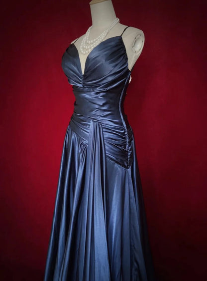 Vintage Prom Dresses A-Linie Spaghetti-Träger Navy Blue Satin 1990er Formelles Abendkleid N2661