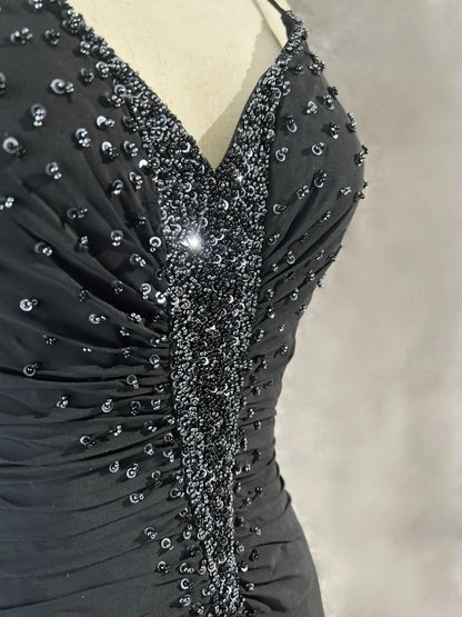 Vintage Prom Dresses Meerjungfrau Spaghettiträger Abendkleid Chiffon 70er mit Perlenstickerei Rückenfrei Langes Abendkleid N2520