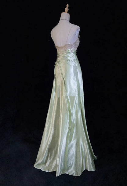 Robes de bal élégantes Inspo Sirène Bretelles Spaghetti Satin Vert Sauge Avec Dentelle Perles Pour Femmes Robe Formelle N3230
