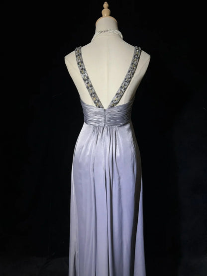 Inspiration für Vintage-Ballkleider A-Linie Neckholder Grau Lang 1990er mit goldener Perlenstickerei Abendkleider N3326