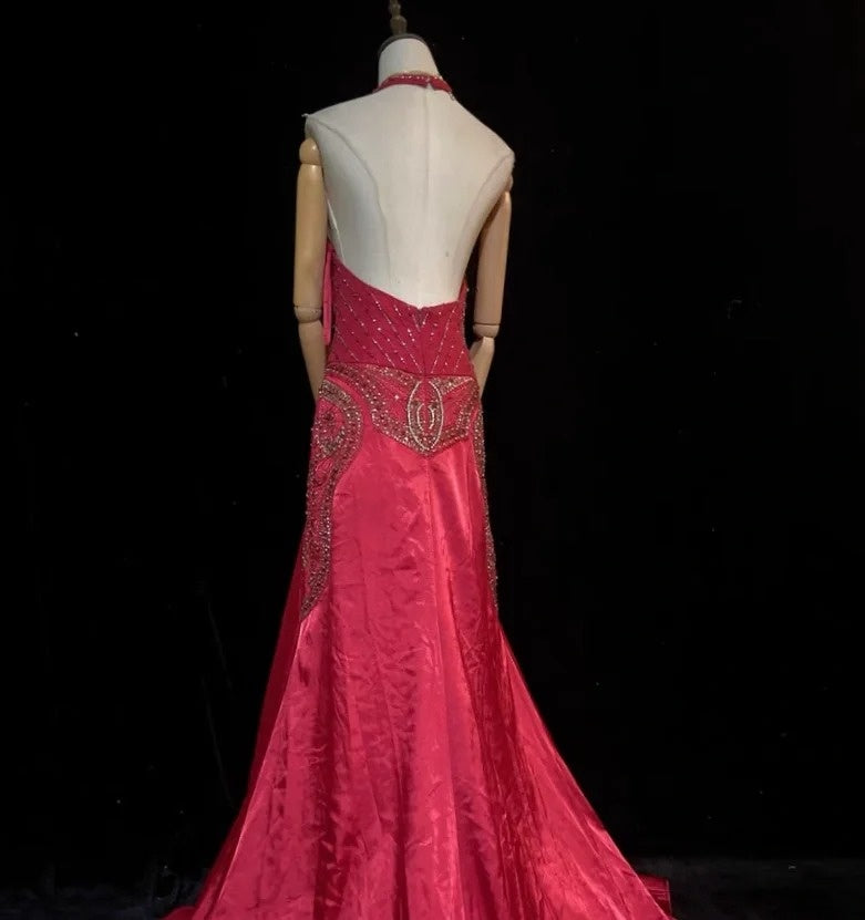 Vintage Prom Dresses Inspo Mermaid Halter 90s Burgundy Satin With Beading For Women Formal Gowns N3311