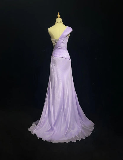 Elegant A Line One Shoulder Lilac Chiffon With Silver Beaded Bodice Formal Dress Long Prom Dresses N2725