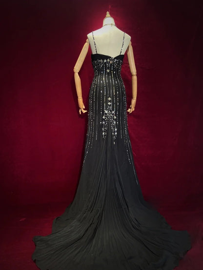 Vintage Abschlussballkleider 90er Meerjungfrau Spaghetti-Träger Schwarz Tie Mit Silberperlen Lang Semi-Formal Abendkleid N3666