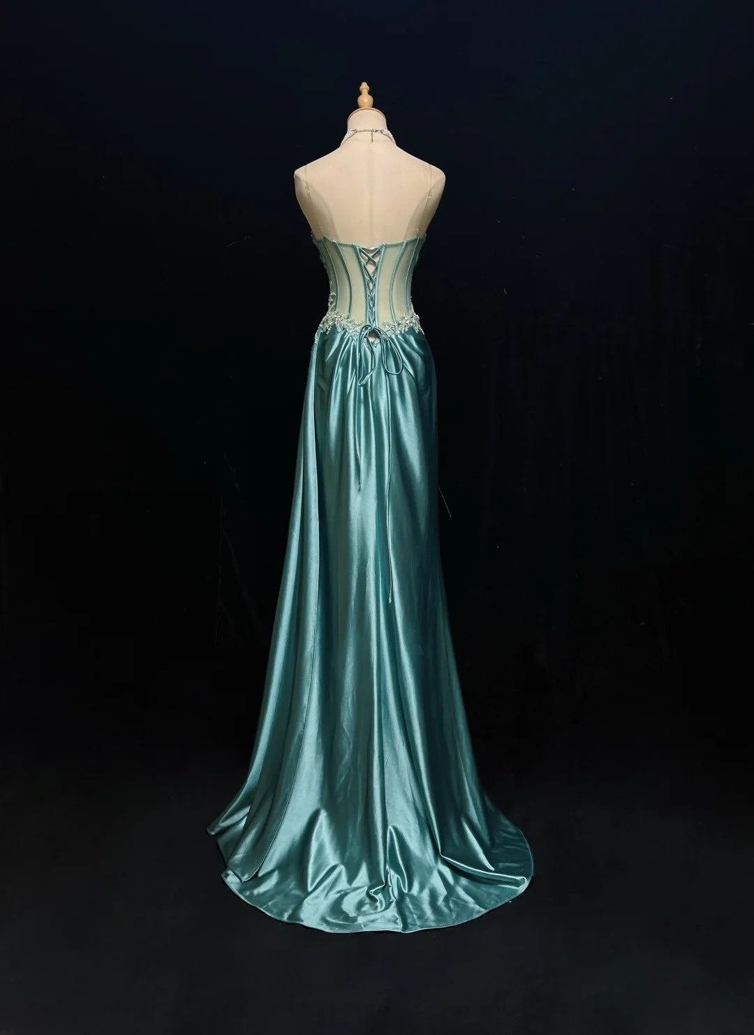 Elegante Abschlussballkleider Inspiration Meerjungfrau Spaghettiträger Blau Satin Mit Rüschen und Perlen Für Damen Abendkleid N3228