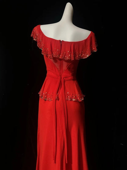Vintage Prom Dresses 80s Sheath Scoop Red Chiffon Long With Beading Evening Formal Outfits RB5140