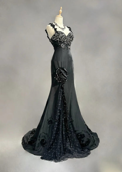 Vintage Abschlussballkleider Inspo Meerjungfrau Spaghettiträger Schwarz Lang 1990er Mit Perlenapplikationen Abendkleider N3378