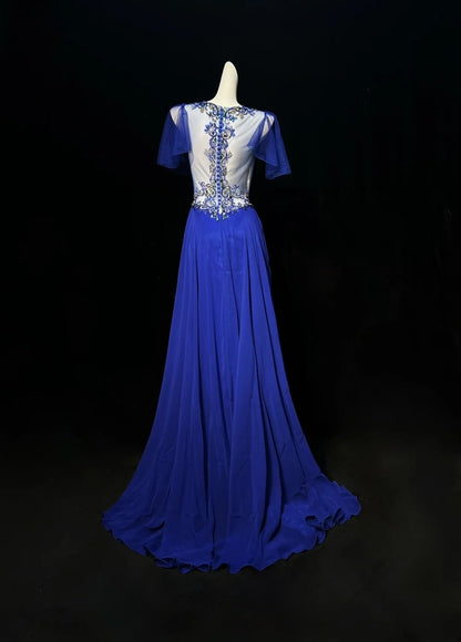 Royal Blue Prom Dress Inspo A line Jewel Chiffon With Beaded Birthday Outfits Formal Party Gown RC0126