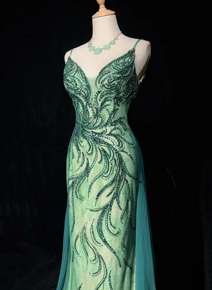 Vintage Ballkleider Meerjungfrau Spaghettiträger Grün Perlen 90er Lang Formelles Abendkleid N2649