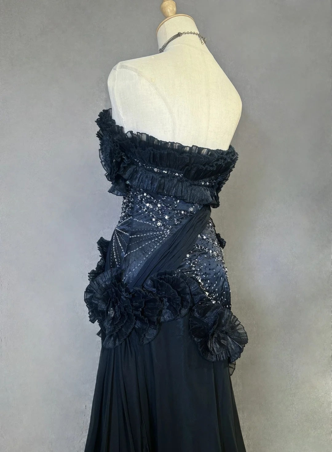 Robes de bal vintage Sirène Bustier Robe de soirée noire en mousseline de soie avec perles Robe de soirée longue années 1980 N2621
