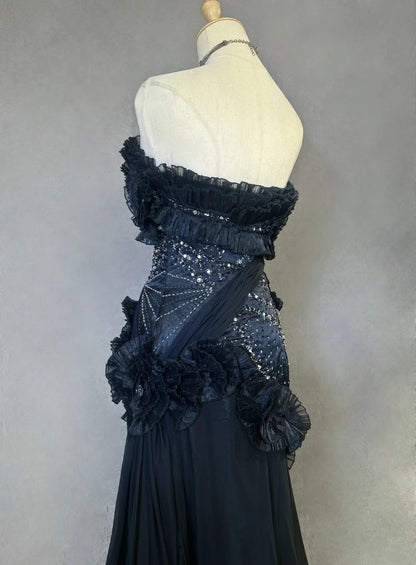 Robes de bal vintage Sirène Bustier Robe de soirée noire en mousseline de soie avec perles Robe de soirée longue années 1980 N2621