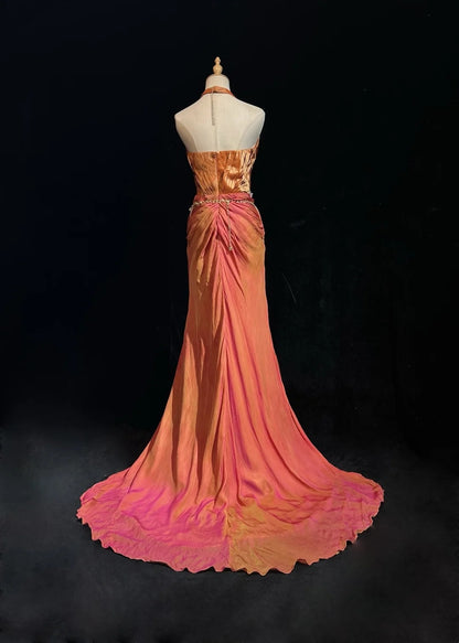 Charming Prom Dresses Mermaid Pink Halter Orange Satin With Ruffled Long Evening Outfits N3430