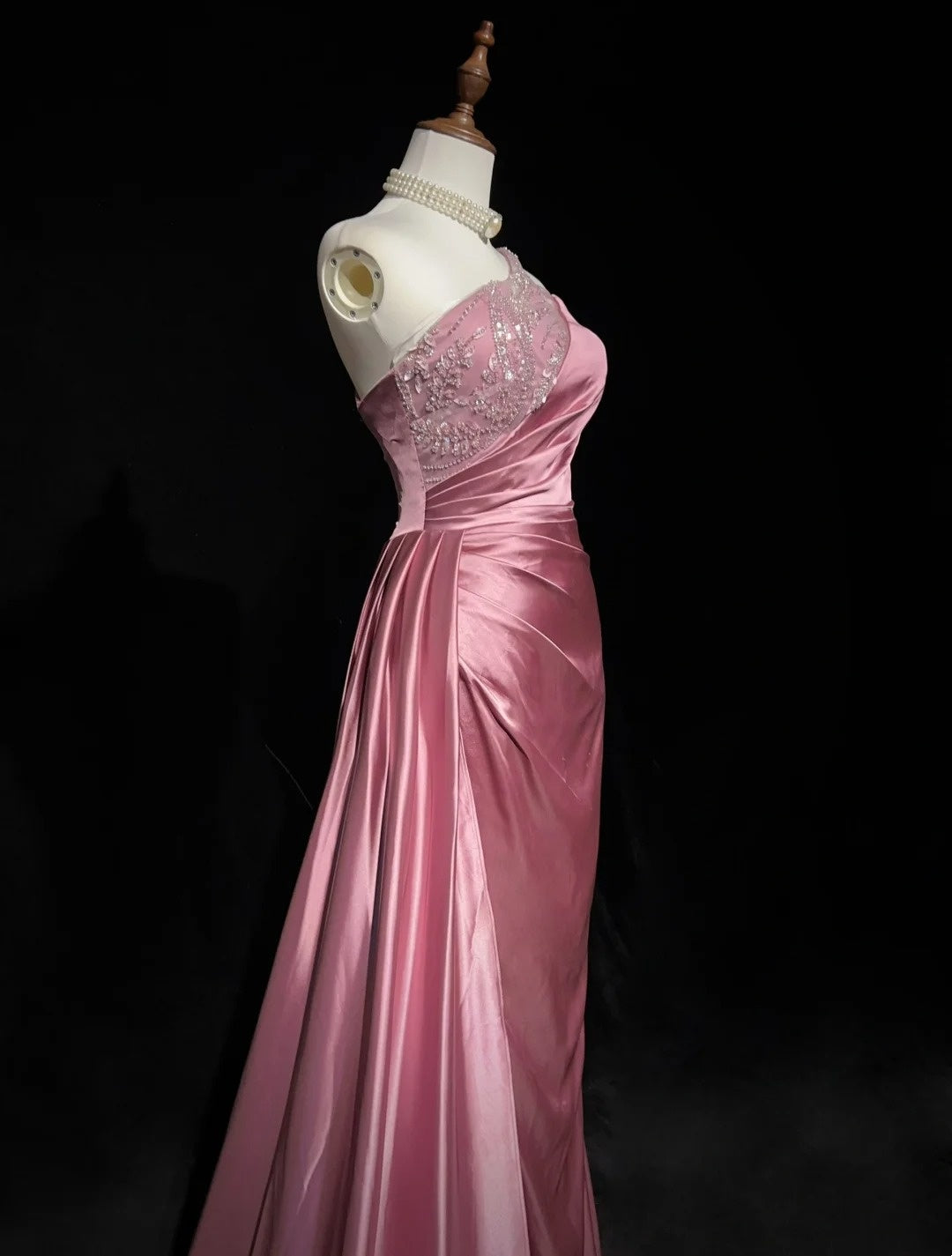 Robes de bal vintage, inspiration sirène, asymétrique, satin avec perles, fente, robe de soirée longue années 80 N2735