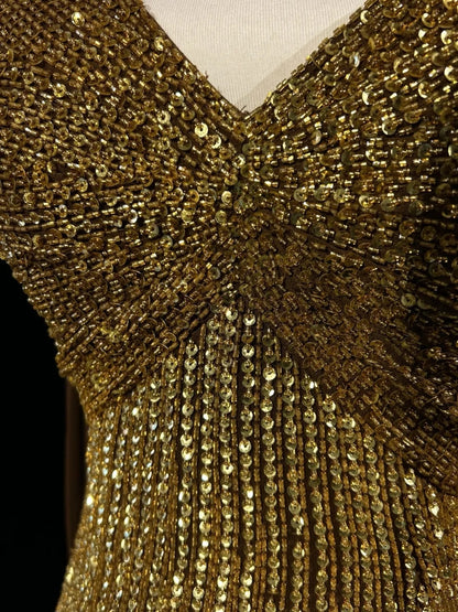 Vintage Mermaid 2000s One Shoulder Gold Sequin Formal Dress Long Sparkly Prom Dresses N2574