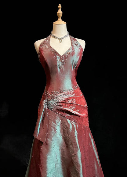 Robes de bal vintage des années 80 Robe de soirée dos nu en satin longueur ras du sol avec perles plissées Tenues de soirée N3126