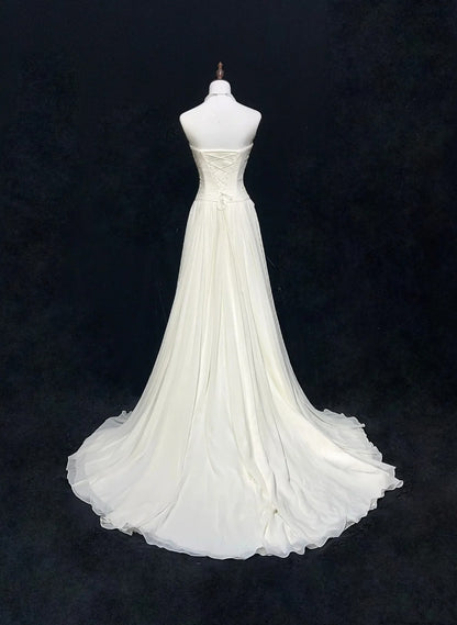 Zeitlose Hochzeitskleider, A-Linie, trägerlos, weißer Chiffon mit applizierter langer Brautrobe N3013