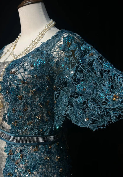 Inspiration Robes de bal vintage Sirène Dentelle Bleu Tulle Dentelle Années 80 avec Appliques Robes de soirée N3366