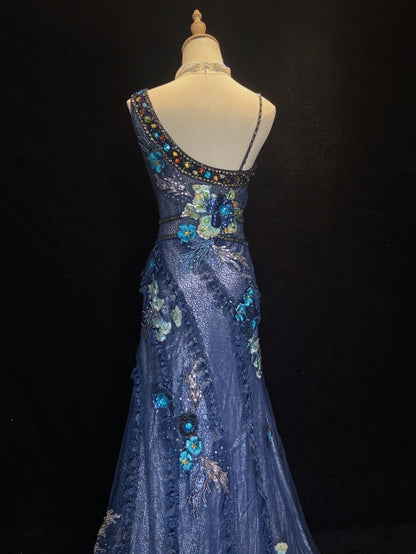 Robes de Bal Vintage Sirène Bretelles Dentelle Bleu Clair avec Fleurs Longues Tenues de Soirée N3440