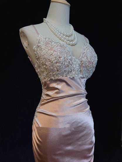 Vintage Prom Dresses Inspo Mermaid Spaghetti Strap Pink Satin With Ruffled White Lace For Women Formal Dress N3249