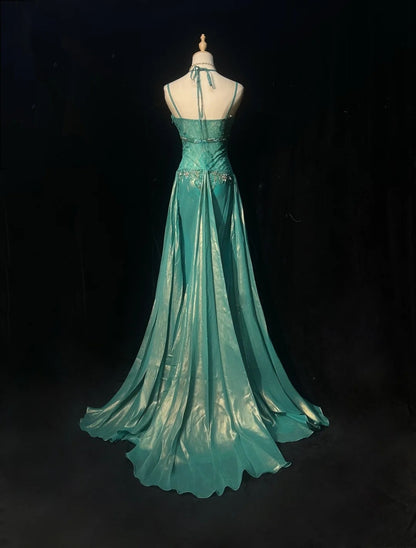 Elegant A Line Spaghetti Strap Blue Chiffon With Beaded Bodice Formal Dress Long Prom Dresses N2724