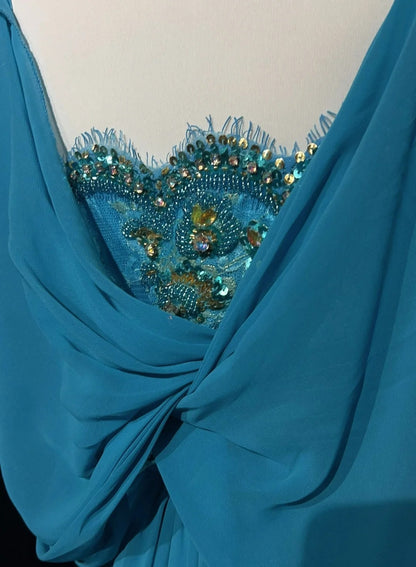 Gothic Glam Meerjungfrauen-Abschlussballkleider mit Spaghettiträgern, blauem Chiffon, ärmellos, mit Perlen, halb-formales Abendkleid N3819