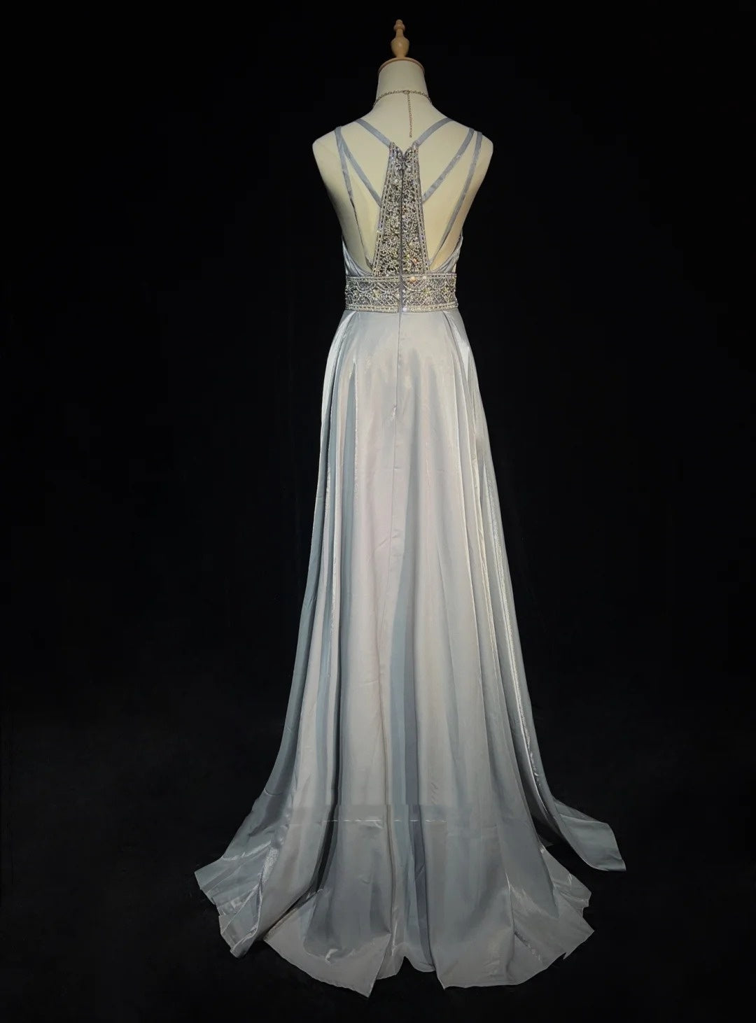 Robes de bal modestes trapèze à fines bretelles en satin gris, longues tenues de soirée formelles N3617