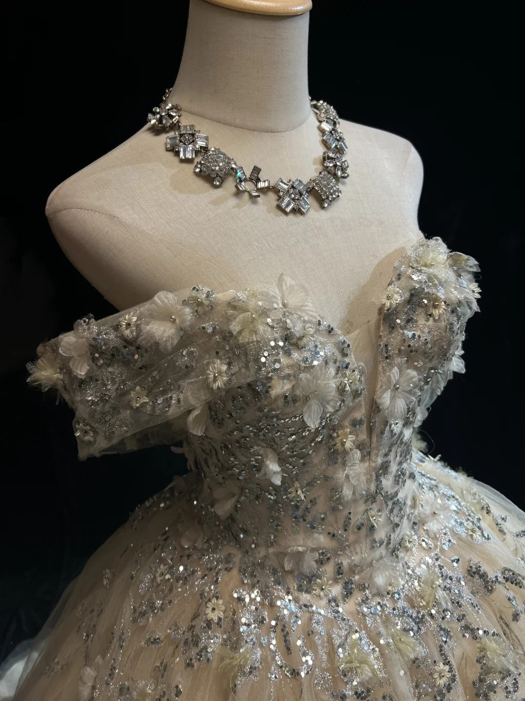 Glamour Ballkleid Abschlussballkleid Off-Shoulder Champagner mit Blumen Formelle Abendgarderobe N3799