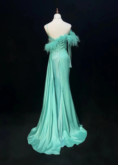 Robe de bal rétro, vintage, sirène, asymétrique, manches longues avec plumes, tenues de soirée années 90 N2327