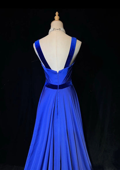 Vintage Ballkleider Meerjungfrau Königlich Blau Samt Ärmellos Mit Perlen 90er Lang Formelles Kleid N2902
