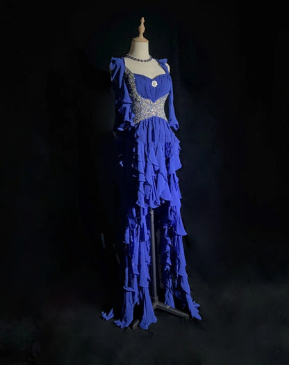 Elegante Abschlussballkleider A-Linie High-Low One-Shoulder Königsblau Chiffon mit Perlen ärmellos langes Abendkleid N2881