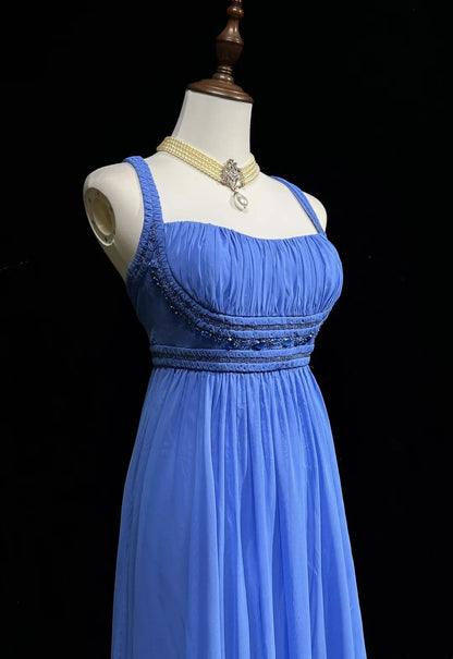 Vintage Ballkleider A-Linie Spaghettiträger Blau Chiffon mit Perlenbesatz Langes Abendkleid N2446