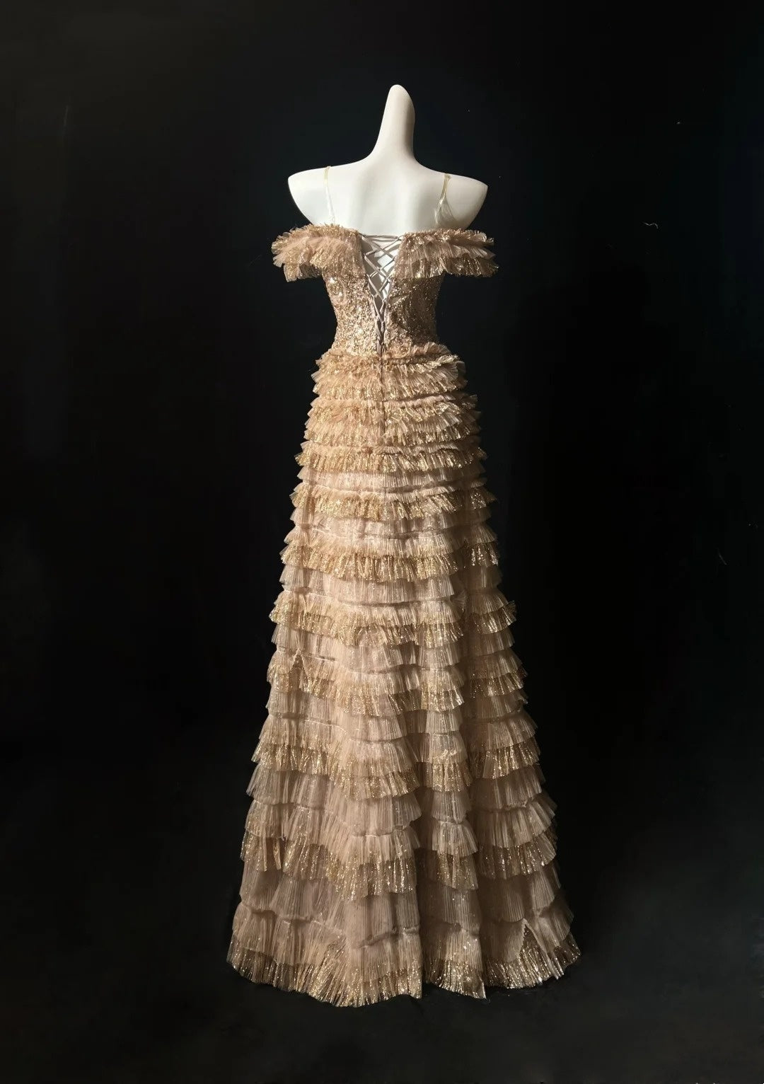 Vintage-Abschlussballkleider A-Linie Spaghettiträger Goldspitze mit Ärmeln 80er-Jahre-Abend-Formales Kleid RB3268