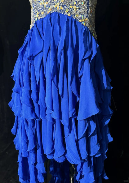 Vintage Ballkleider 1950er High Low One Shoulder Königsblau Chiffon mit gestuften Ärmellosen Abendkleidern RB4326