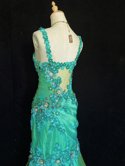Robes de bal élégantes sirène à fines bretelles en tulle vert avec fleurs, longueur ras du sol, tenues de soirée formelles N3490
