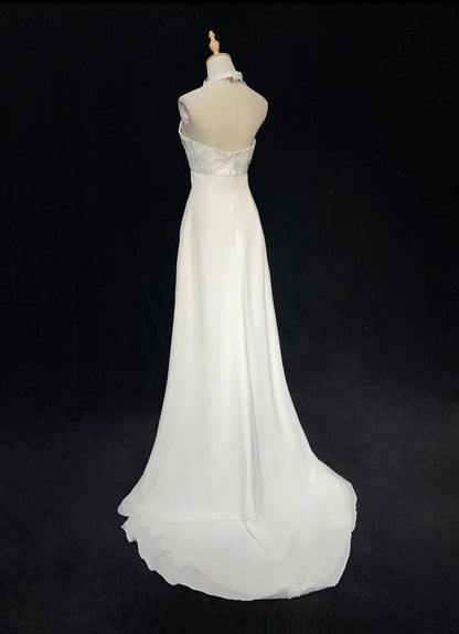 Chic A line Halter White Satin Wedding Bridal Gown Long Wedding Dresses RB5127