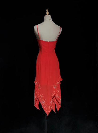 Vintage Abschlussballkleider A-Linie Spaghettiträger Rot Midilänge Chiffon 1990er Formelles Abendkleid N2665