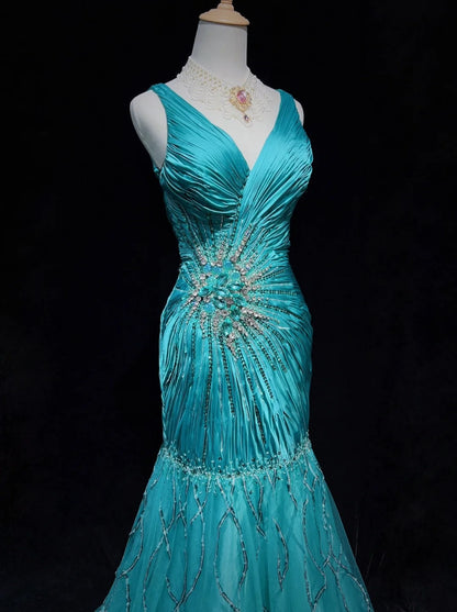 Robes de bal modestes d'inspiration sirène col en V bleu avec perles à volants pour femme robe de soirée N3234