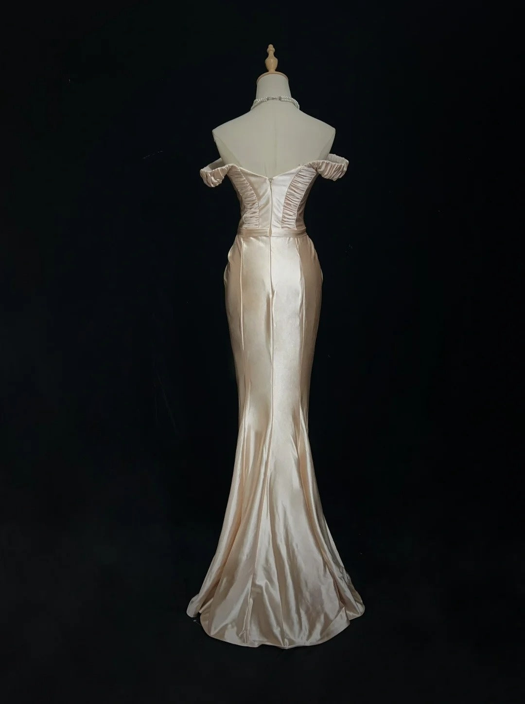 Vintage 90er Abschlussballkleider Meerjungfrau Off Shoulder Champagner Satin Langes Ballkleid N3010