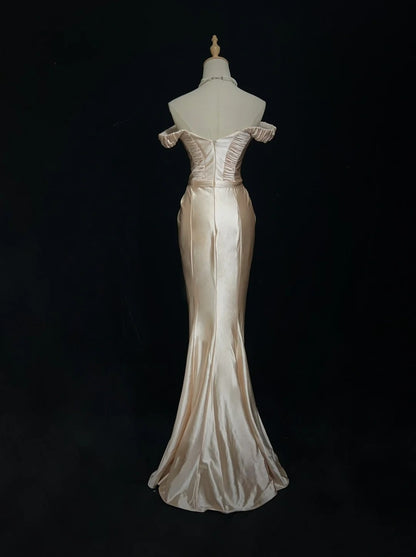 Vintage 90er Abschlussballkleider Meerjungfrau Off Shoulder Champagner Satin Langes Ballkleid N3010
