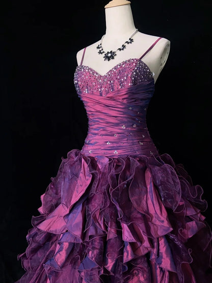 Vintage Ballkleider Inspo Ballkleid Spaghettiträger Lila Tüll Stufenlagen 80er mit Perlen Abendkleider N3357