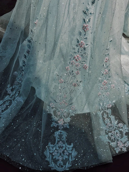 Inspiration Robes de bal vintage Sirène Col en V Bleu ciel clair Longues années 1990 avec appliques de dentelle Robes de soirée N3359