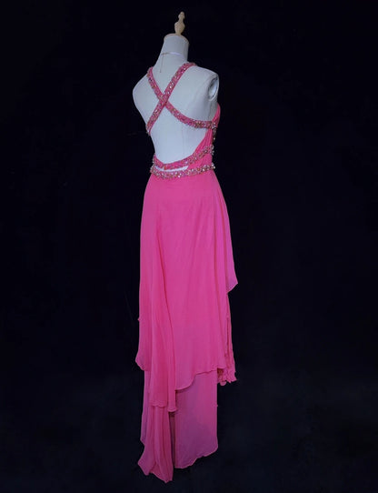Glamour Prom Dresses High Low Halter Hot Pink Chiffon With Beading Formal Evening Outfits N3842