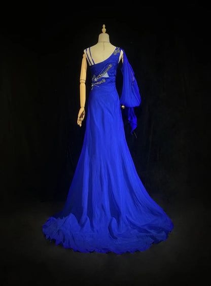 Vintage Prom Dresses Inspo Mermaid One Shoulder Royal Blue With Long Sleeve Beads 80s Long Formal Gown N2740