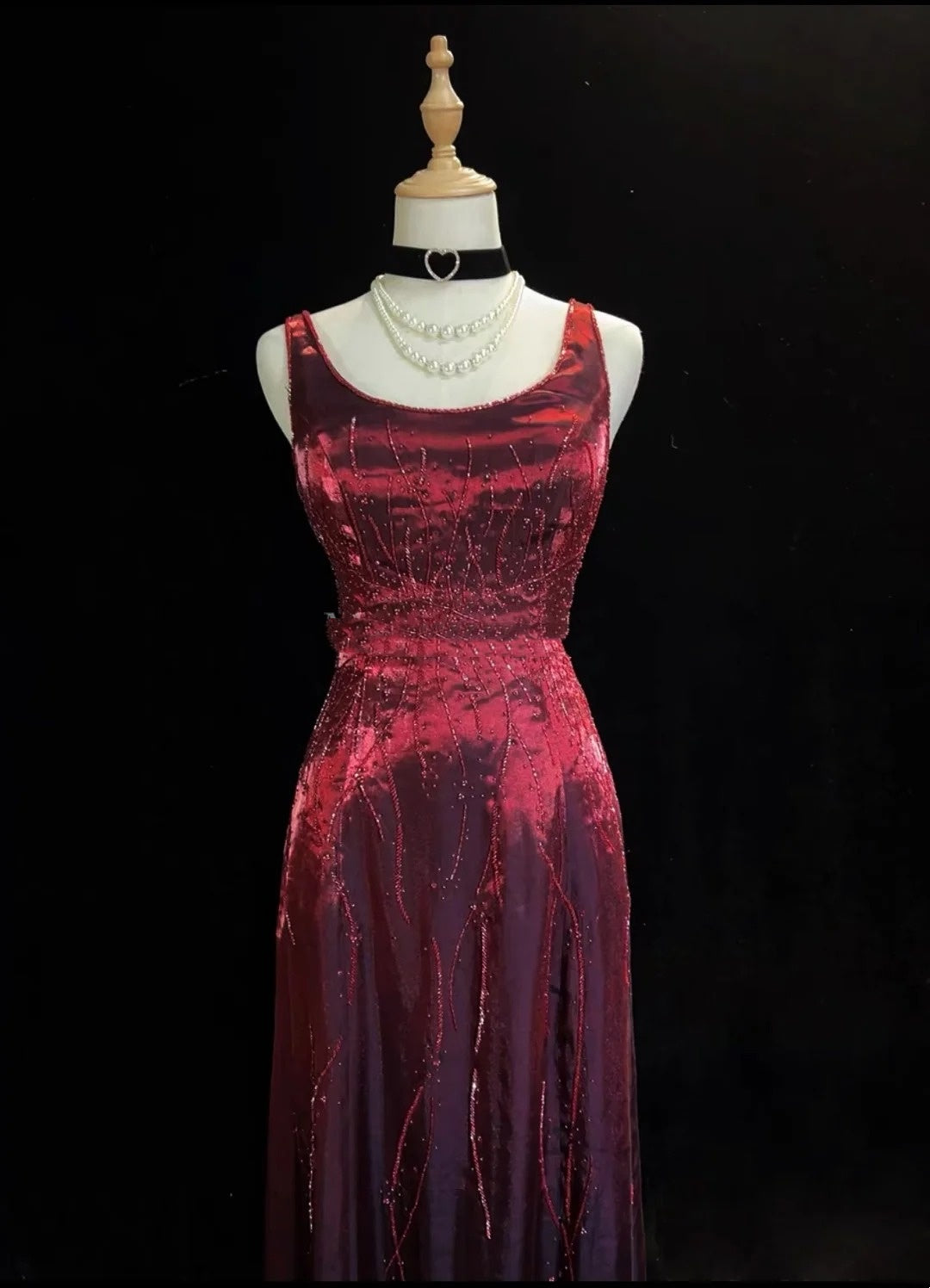 Robes de bal vintage des années 90, ligne A, col carré, taffetas bordeaux avec perles, longue robe de bal N3030