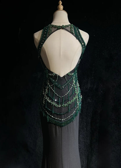 Vintage Abschlussballkleider Meerjungfrau Scoop mit Glitzerperlen Rückenfrei Schwarz 80er Abendkleid RB3270