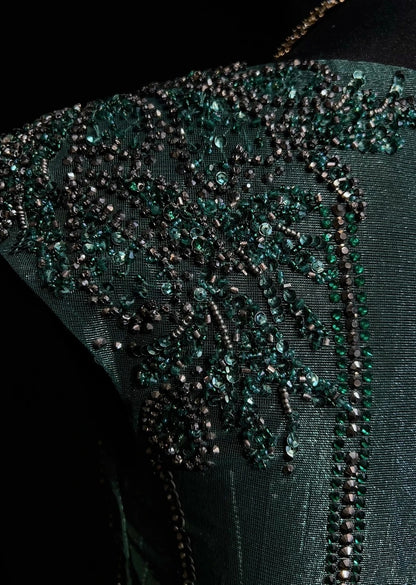 Vintage Abschlussballkleider A-Linie Rundhalsausschnitt Dunkelgrün Tüll Mit Perlen 90er Jahre Abendkleid N2590