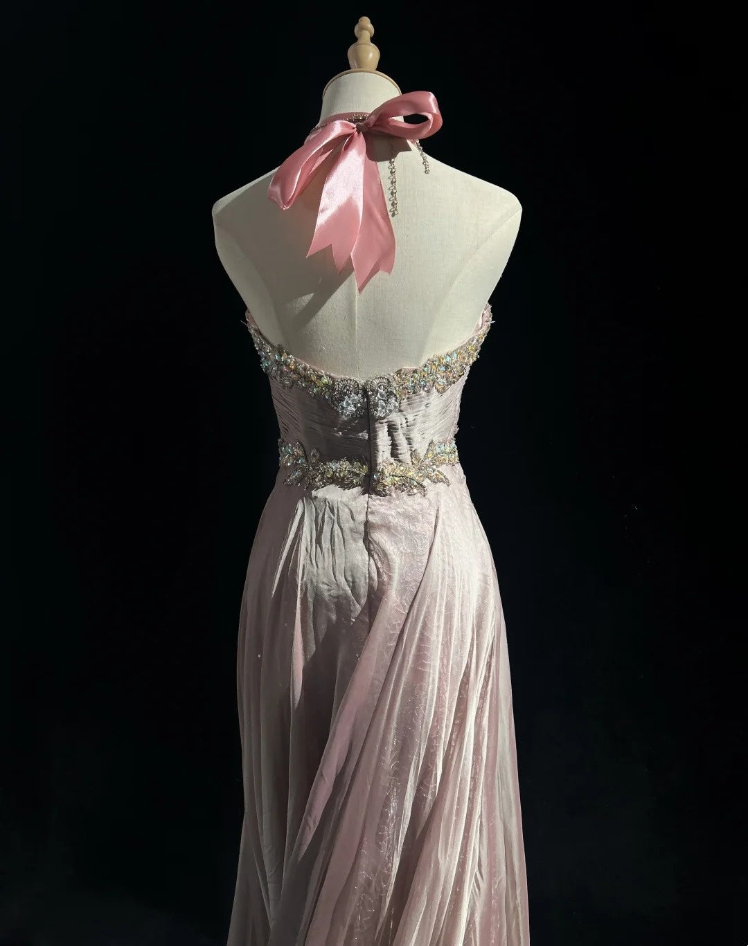 Robes de bal vintage esthétiques en mousseline de soie rose clair, coupe trapèze, dos nu, perles, robe de soirée longue N3034