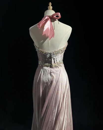 Robes de bal vintage esthétiques en mousseline de soie rose clair, coupe trapèze, dos nu, perles, robe de soirée longue N3034